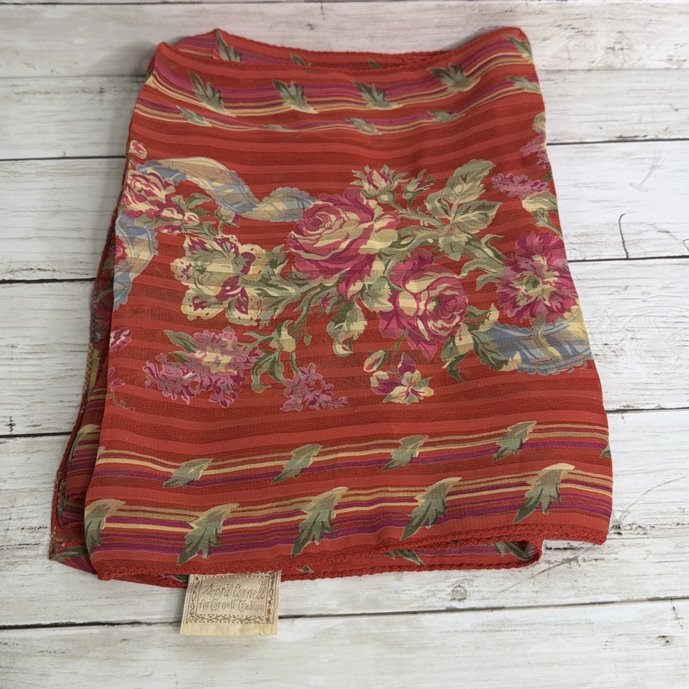 April Cornell for Cornell Trading Red Rose Floral Striped Scarf Wrap Vtg
